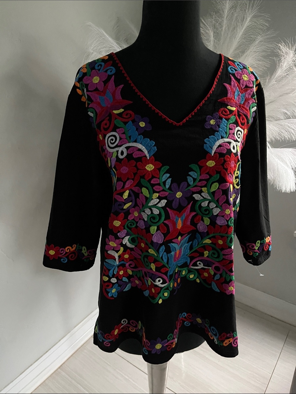 Black Embroidered V-Neck Tunic with Multicolor Floral Motif